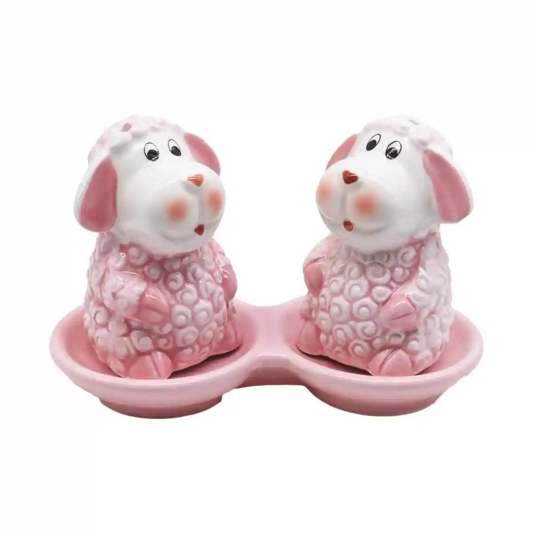 Kookee Ceramic Salt and Pepper Shakers Set with tray for Dining Table used as Namak Dhani, Shaker, Sprinkler, Spices Dispenser for Home, Kitchen and Restaurant, Sheep Design, Pink (8561)