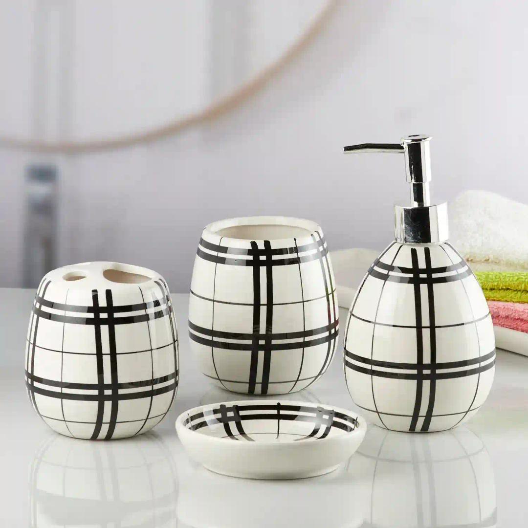 Kookee Ceramic Bathroom Accessories Set of 4, Modern Bath Set with Liquid handwash Soap Dispenser and Toothbrush holder, Luxury Gift Accessory for Home - White & Black (10156)