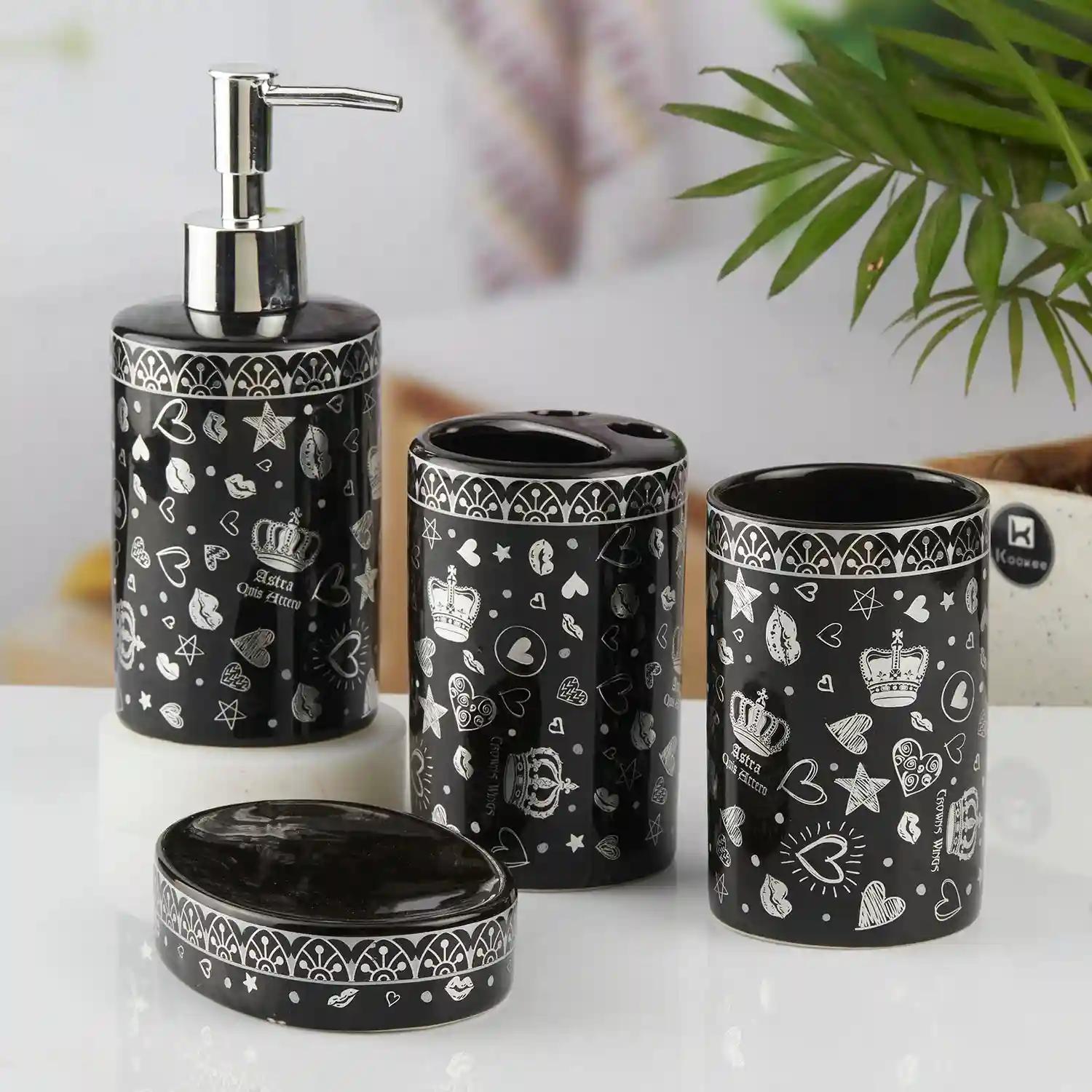 Kookee Ceramic Bathroom Accessories Set of 4, Modern Bath Set with Liquid hand wash Soap Dispenser and Toothbrush holder, Luxury Gift Accessory for Home, Black/Silver (10463)