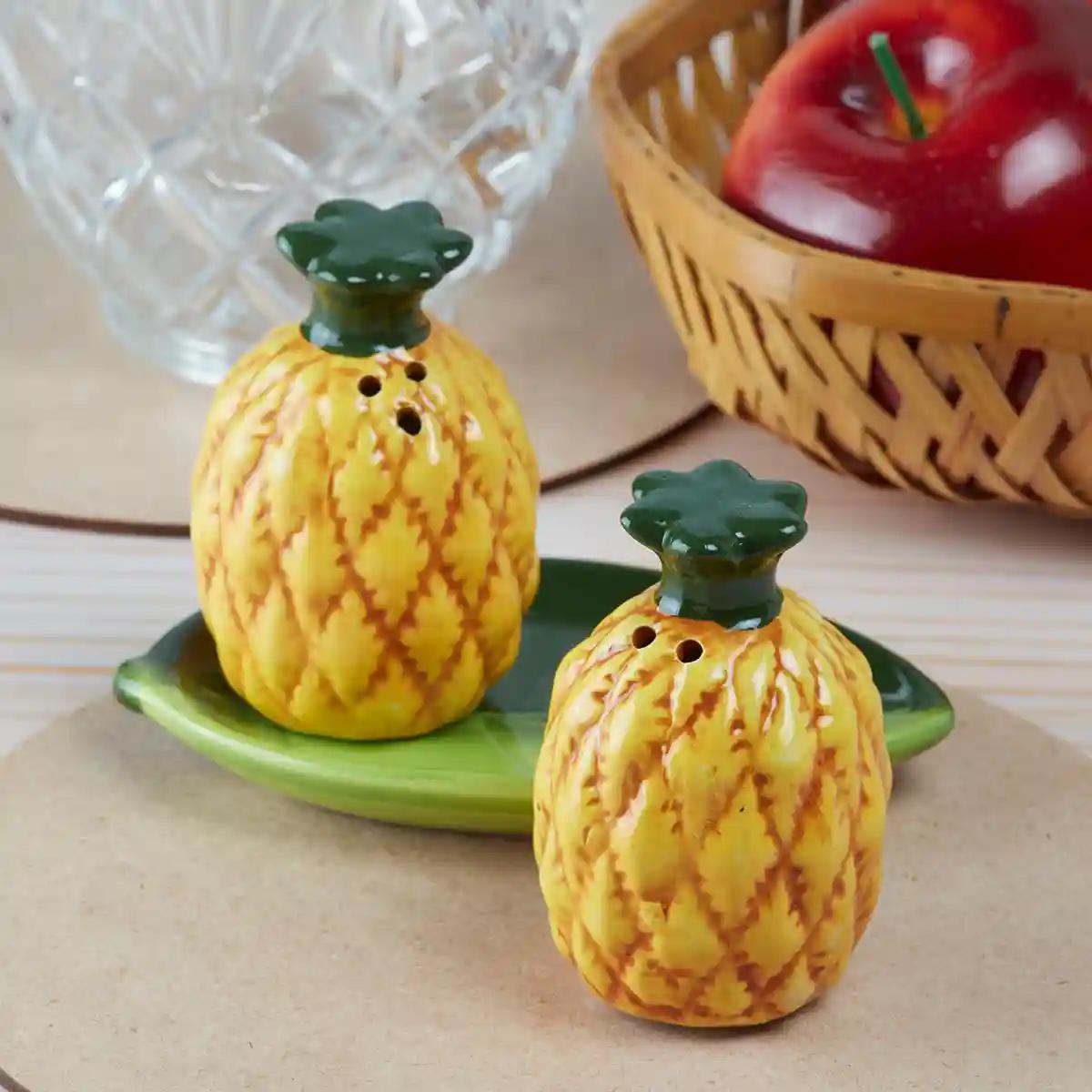 Kookee Ceramic Salt and Pepper Shakers Set with tray for Dining Table used as Namak Dhani, Shaker, Sprinkler, Spices Dispenser for Home, Kitchen and Restaurant, Pineapple (9968)