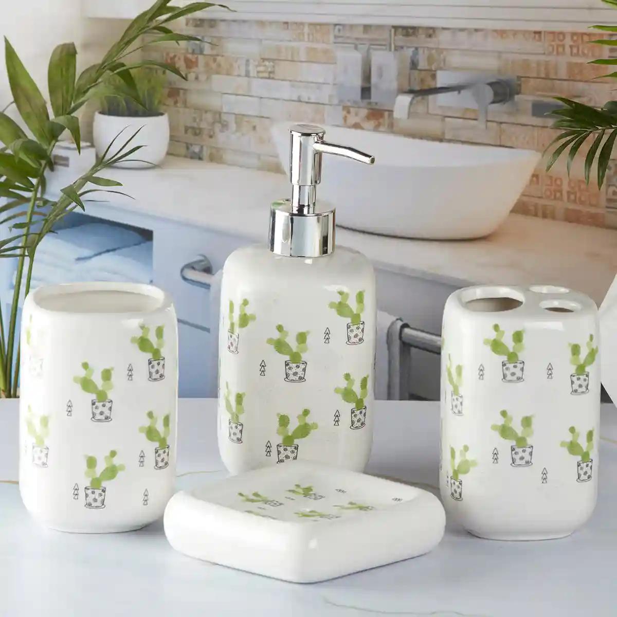 Kookee Ceramic Bathroom Accessories Set of 4, Modern Bath Set with Liquid handwash Soap Dispenser and Toothbrush holder, Luxury Gift Accessory for Home - White (9902)