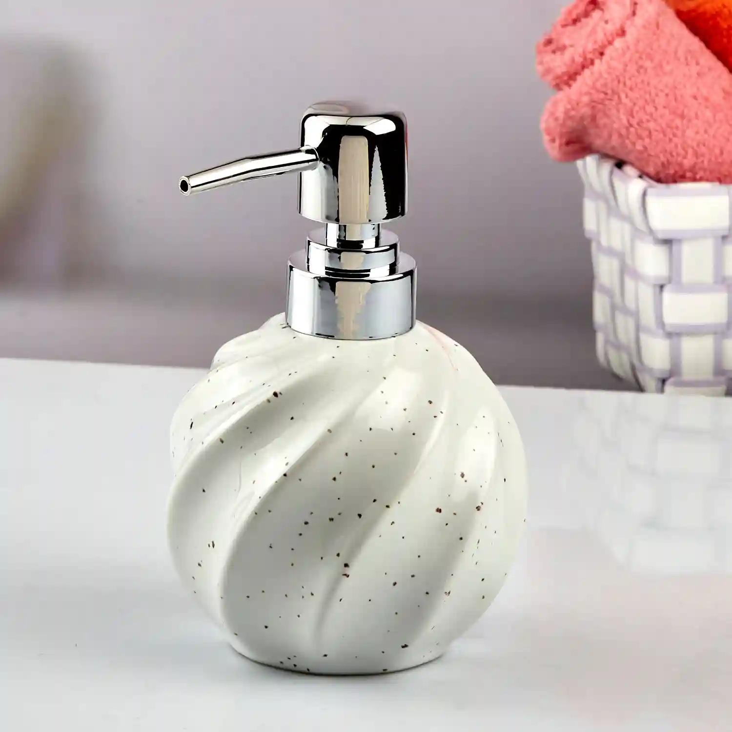 Kookee Ceramic Soap Dispenser for Bathroom hand wash, refillable pump bottle for Kitchen hand wash basin, Set of 1, White (10741)