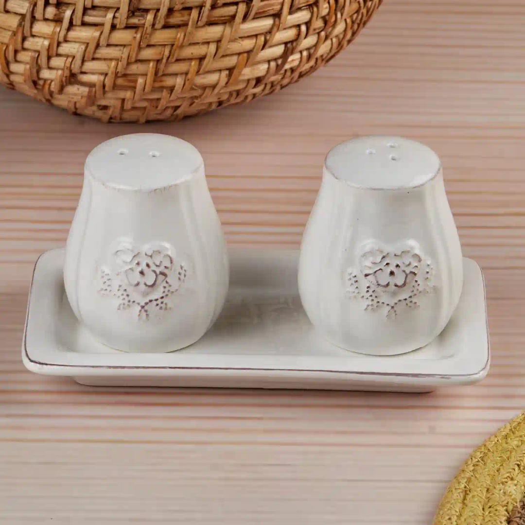 Kookee Ceramic Salt and Pepper Shakers Set with tray for Dining Table used as Namak Dhani, Shaker, Sprinkler, Spices Dispenser for Home, Kitchen and Restaurant, White (10656)