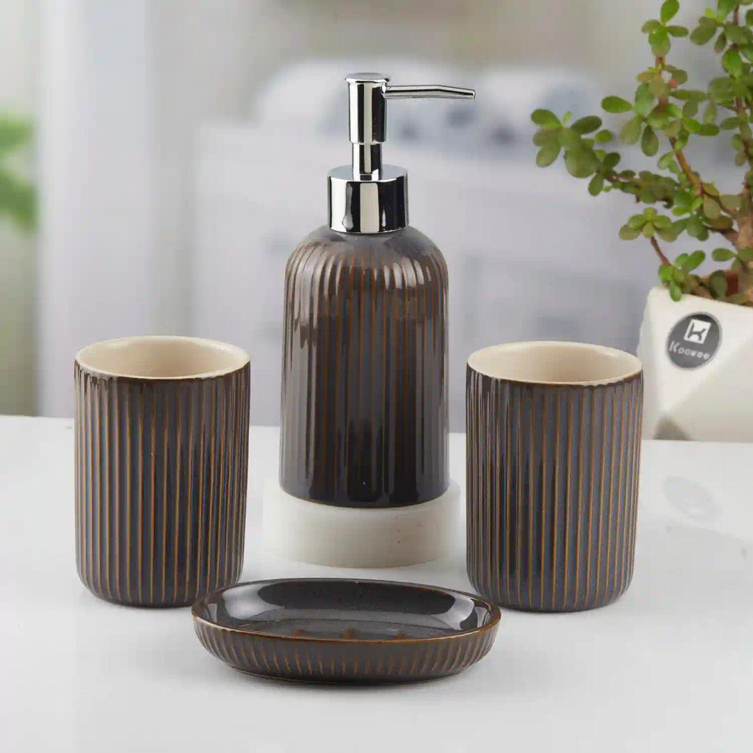 Kookee Ceramic Bathroom Accessories Set of 4, Modern Bath Set with Liquid hand wash Soap Dispenser and Toothbrush holder, Luxury Gift Accessory for Home, Grey (10464)