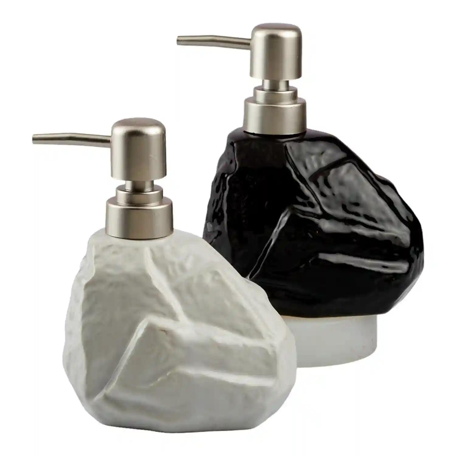 Kookee Ceramic Soap Dispenser for Bathroom hand wash, refillable pump bottle for Kitchen hand wash basin, Set of 2, Black/White (10510)