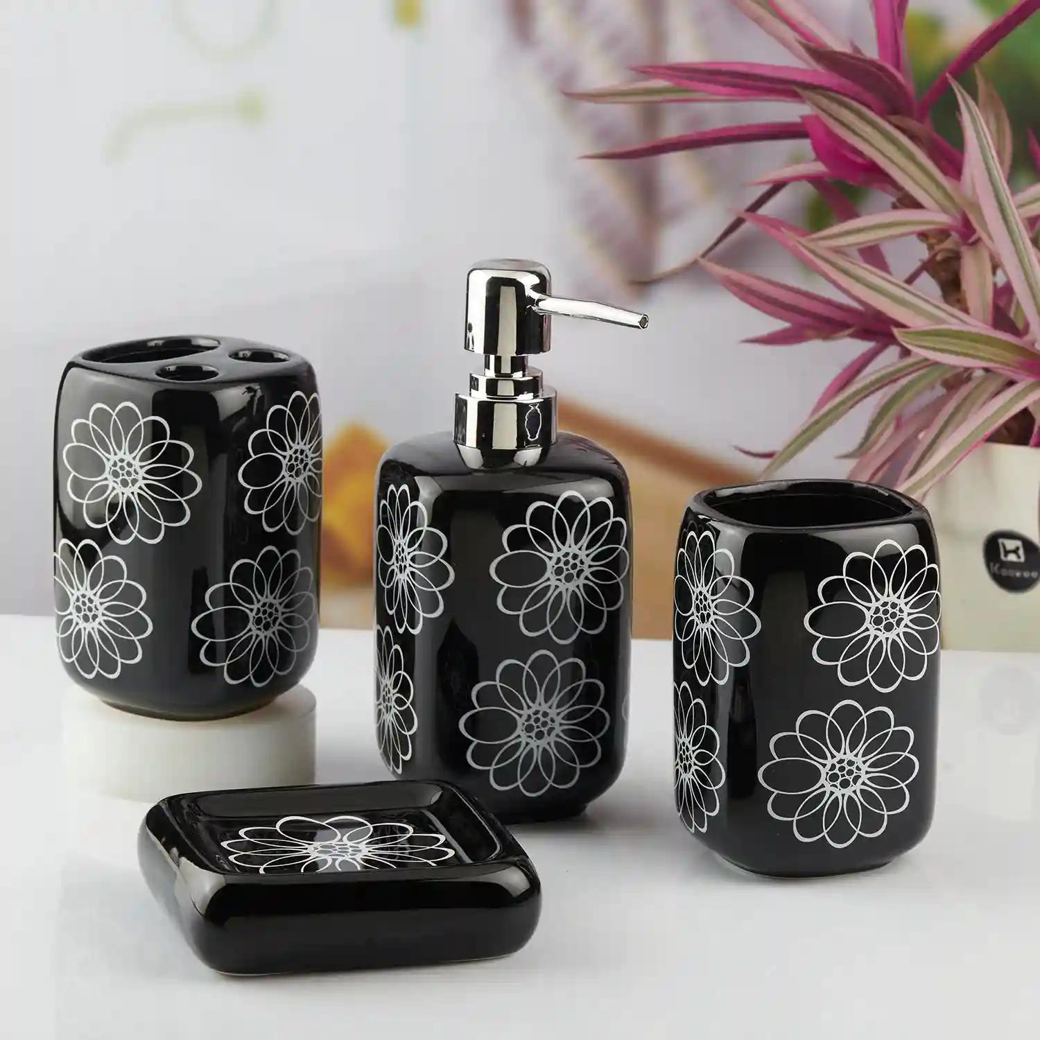 Kookee Ceramic Bathroom Accessories Set of 4, Modern Bath Set with Liquid hand wash Soap Dispenser and Toothbrush holder, Luxury Gift Accessory for Home, Black (10449)