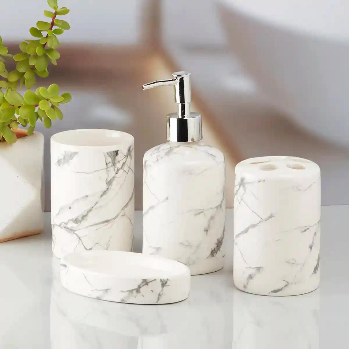 Kookee Ceramic Bathroom Accessories Set of 4, Modern Bath Set with Liquid handwash Soap Dispenser and Toothbrush holder, Luxury Gift Accessory for Home - White (8074)