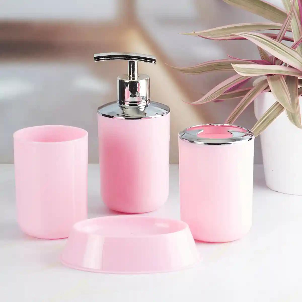 Kookee Acrylic Bathroom Accessories Set of 4, Modern Bath Set with Liquid handwash Soap Dispenser and Toothbrush holder, Luxury Gift Accessory for Home - Light Pink (7395)