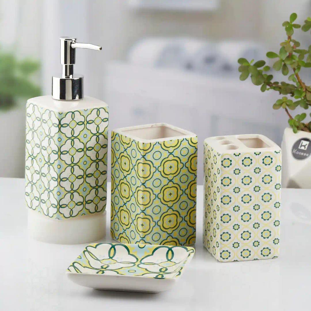 Kookee Ceramic Bathroom Accessories Set of 4, Modern Bath Set with Liquid hand wash Soap Dispenser and Toothbrush holder, Luxury Gift Accessory for Home, White/Green (10724)