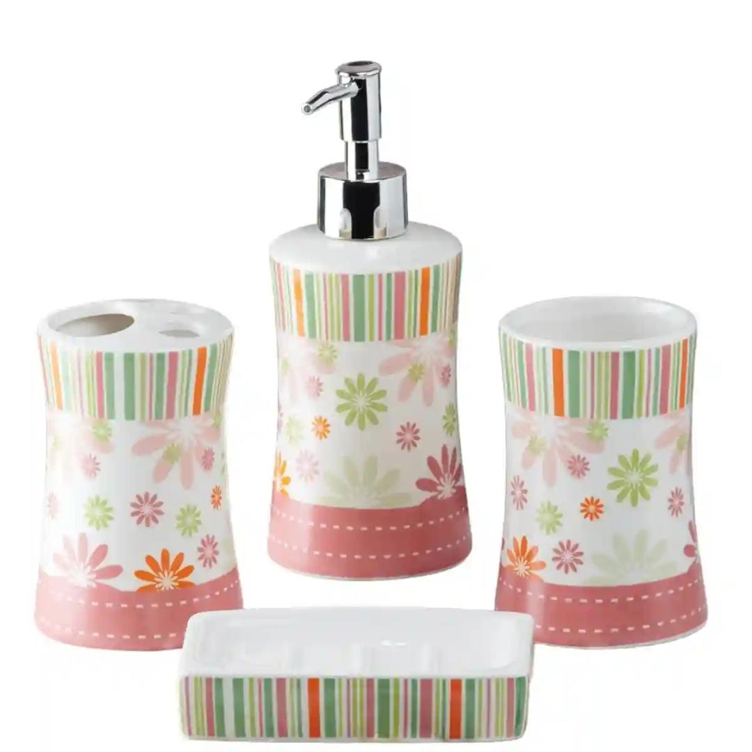 Kookee Ceramic Bathroom Accessories Set of 4, Modern Bath Set with Liquid handwash Soap Dispenser and Toothbrush holder, Luxury Gift Accessory for Home - Multicolor (10106)