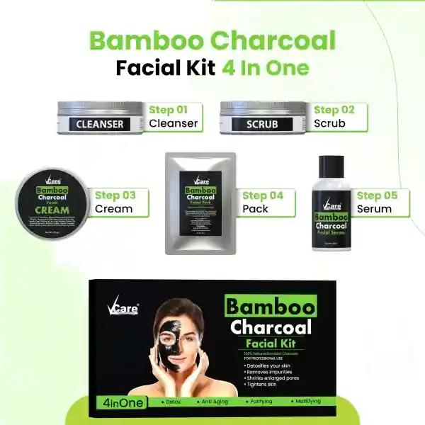 VCare Natural Bamboo Charcoal Facial Pack Kit for Brighter Skin,Deep Pore Cleansing Acne Prone Oily Skin & Blackheads Removal|Detox, Anti Aging, All Skin types (300gm + 50ml)