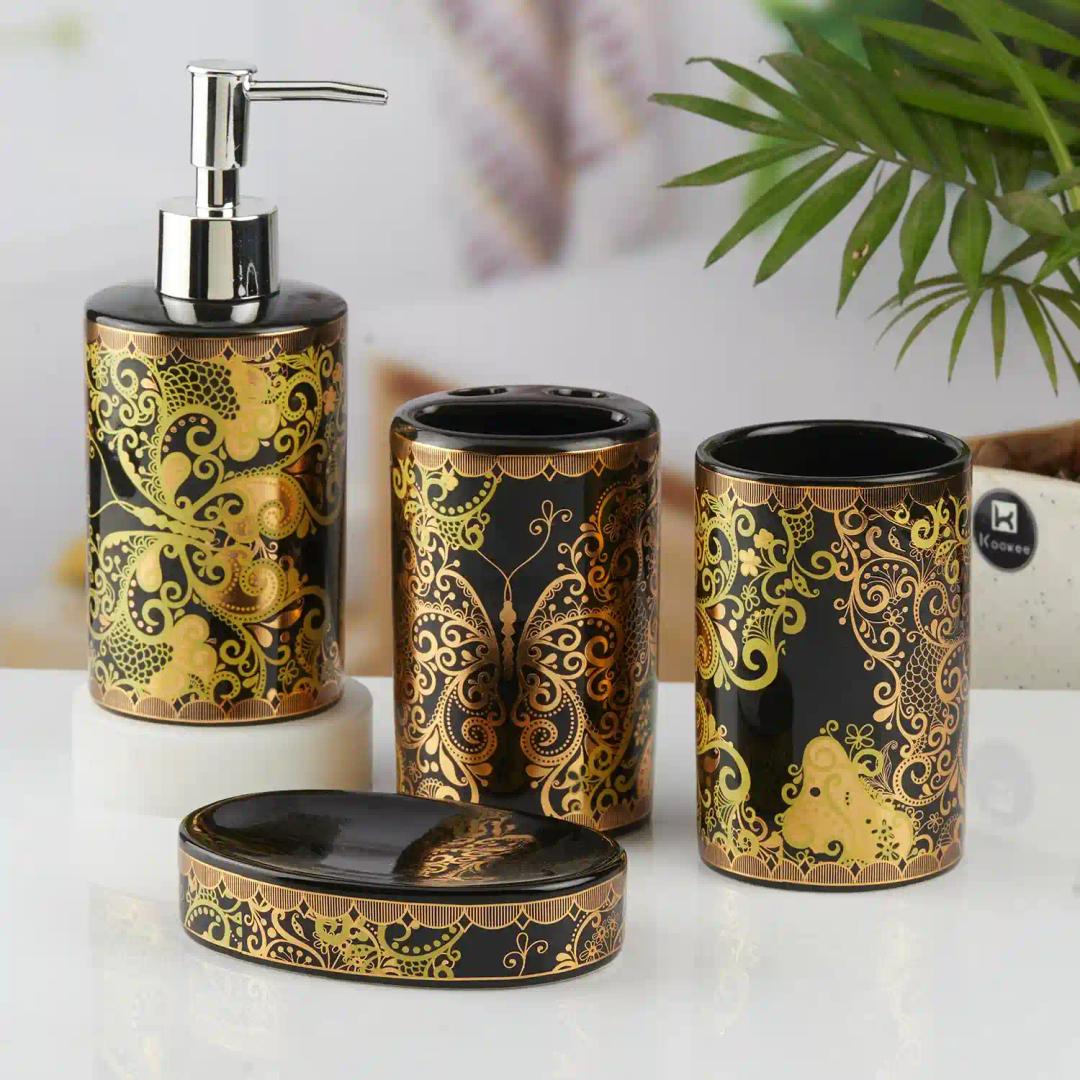 Kookee Ceramic Bathroom Accessories Set of 4, Modern Bath Set with Liquid hand wash Soap Dispenser and Toothbrush holder, Luxury Gift Accessory for Home, Black/Gold (10460)