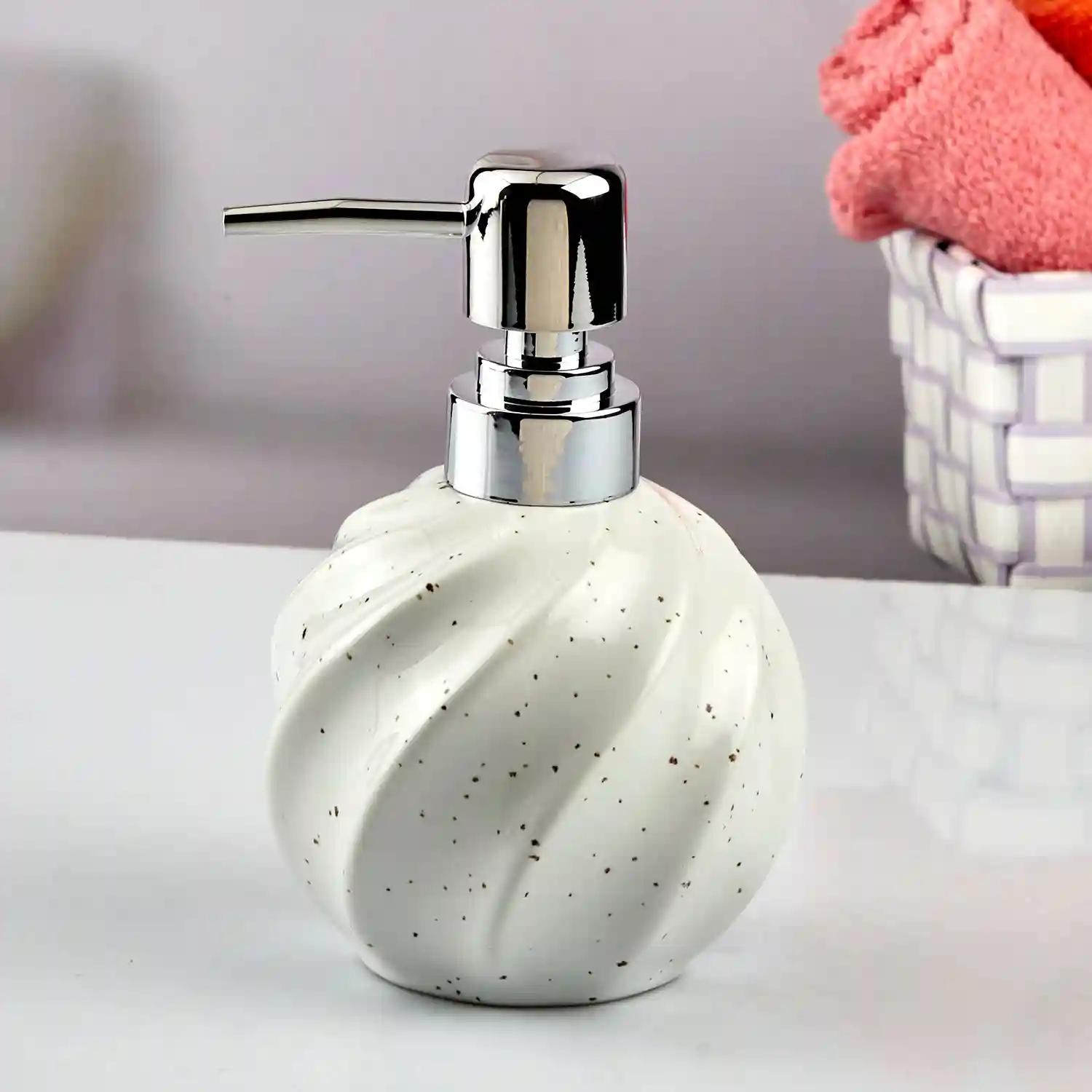 Kookee Ceramic Soap Dispenser for Bathroom hand wash, refillable pump bottle for Kitchen hand wash basin, Set of 1, White (10741)