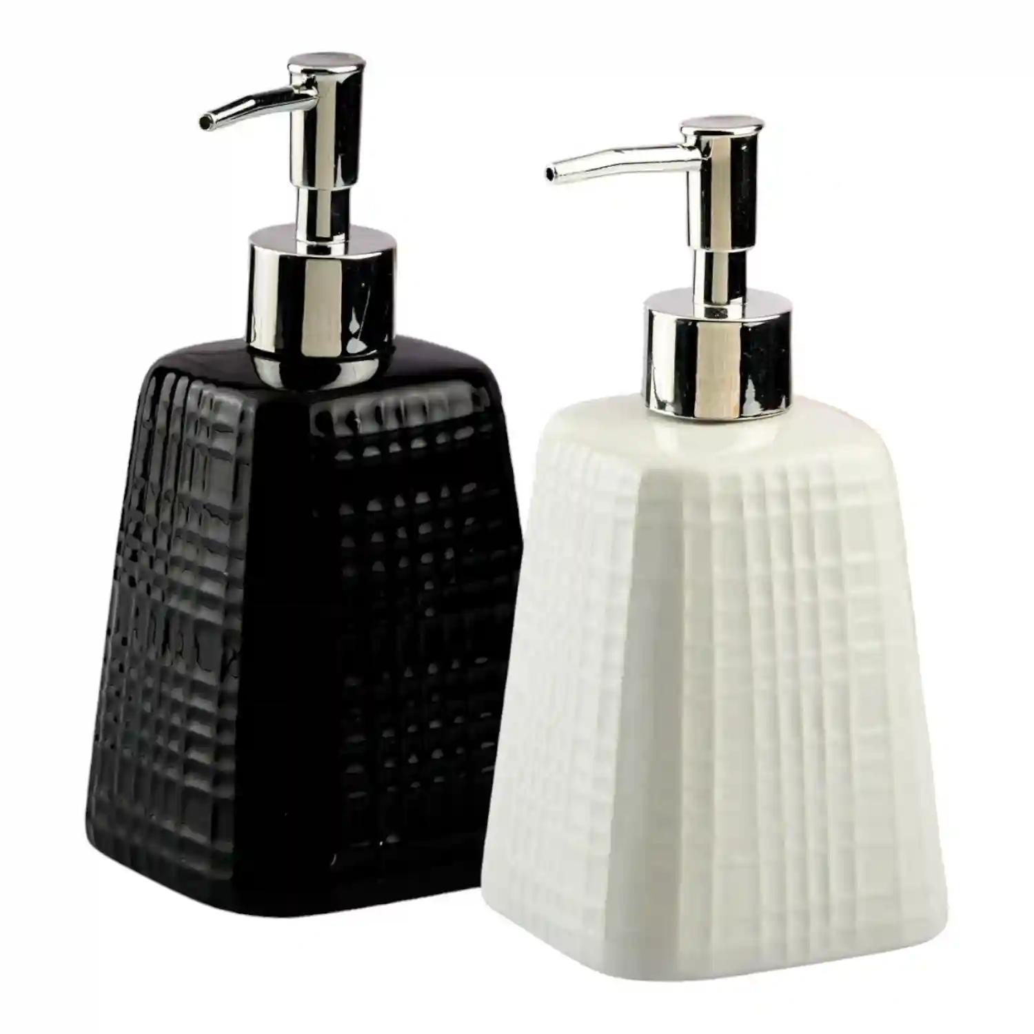 Kookee Ceramic Soap Dispenser for Bathroom hand wash, refillable pump bottle for Kitchen hand wash basin, Set of 2, Black/White (10552)