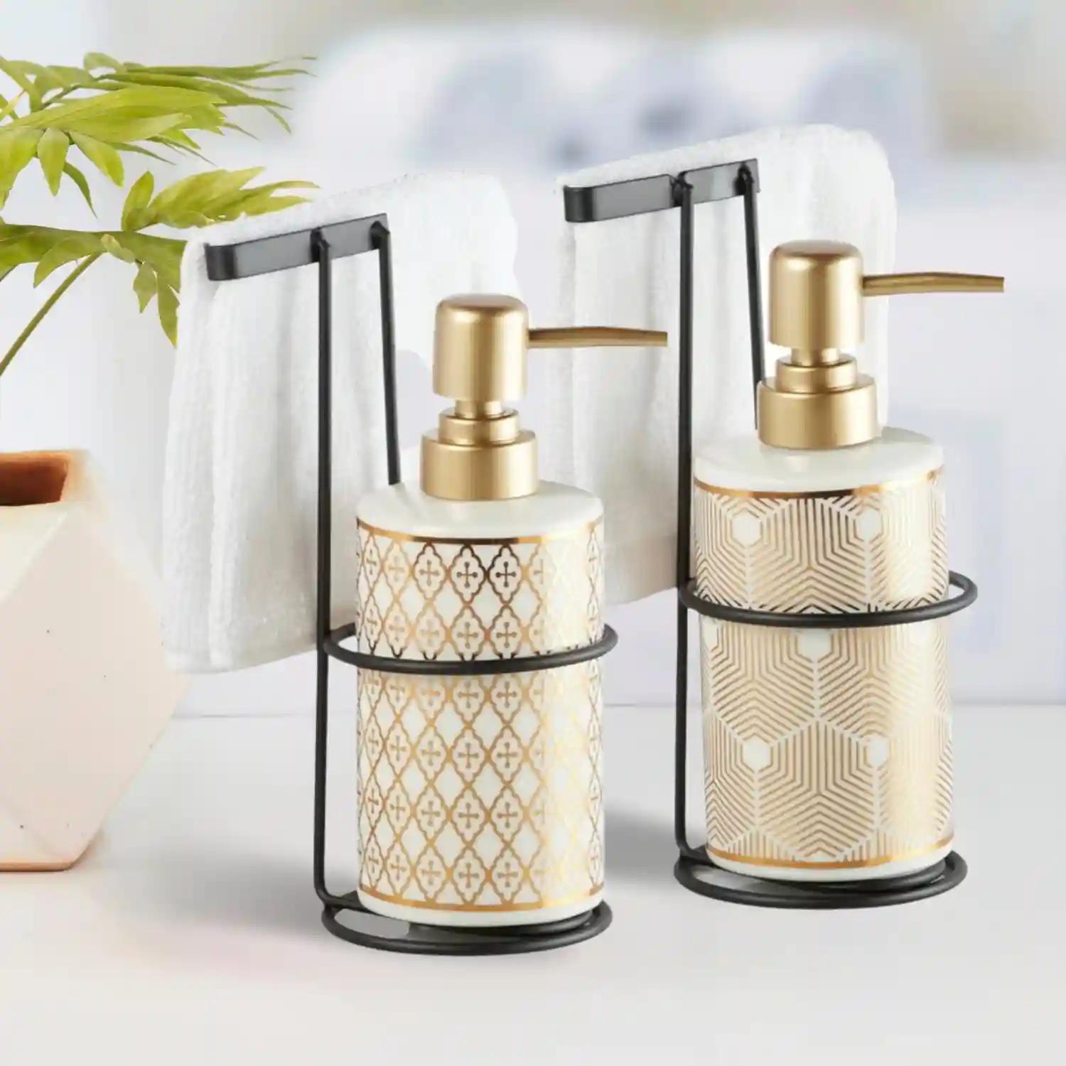 Kookee Ceramic Soap Dispenser for Bathroom hand wash, refillable pump bottle for Kitchen hand wash basin, Set of 2, White/Gold (11029)