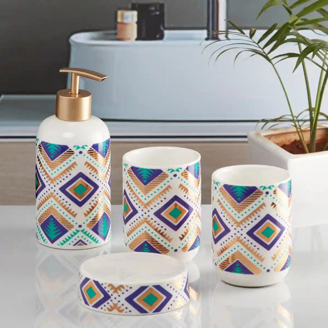 Kookee Ceramic Bathroom Accessories Set of 4, Modern Bath Set with Liquid handwash Soap Dispenser and Toothbrush holder, Luxury Gift Accessory for Home - Multicolor (10076)