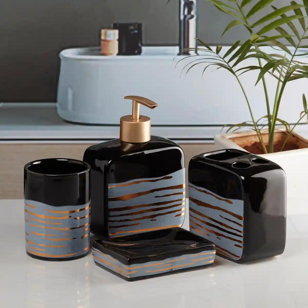 Kookee Ceramic Bathroom Accessories Set of 4, Modern Bath Set with Liquid handwash Soap Dispenser and Toothbrush holder, Luxury Gift Accessory for Home - Black (10074)