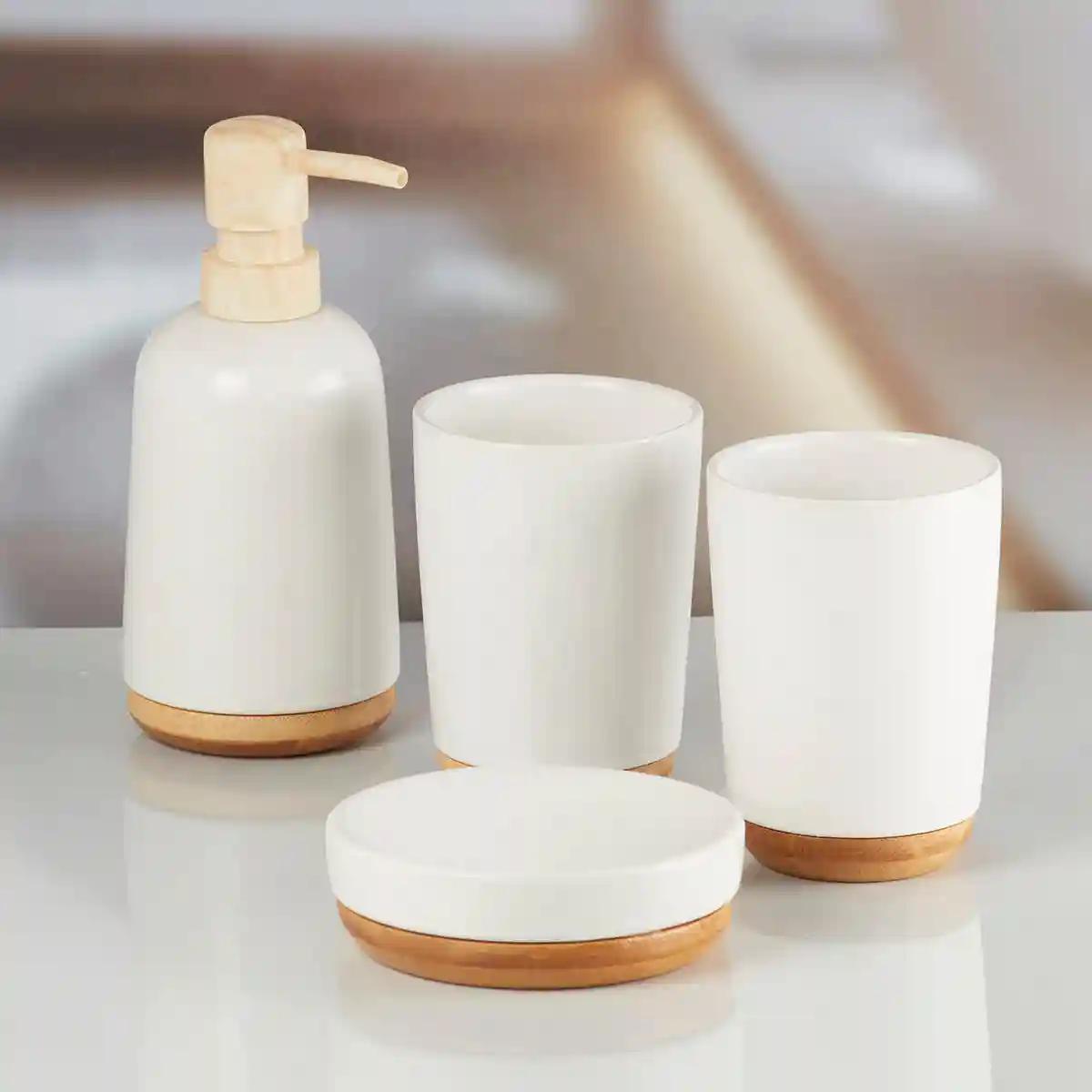 Kookee Ceramic Bathroom Accessories Set of 4, Modern Bath Set with Liquid handwash Soap Dispenser and Toothbrush holder, Luxury Gift Accessory for Home - White (9639)