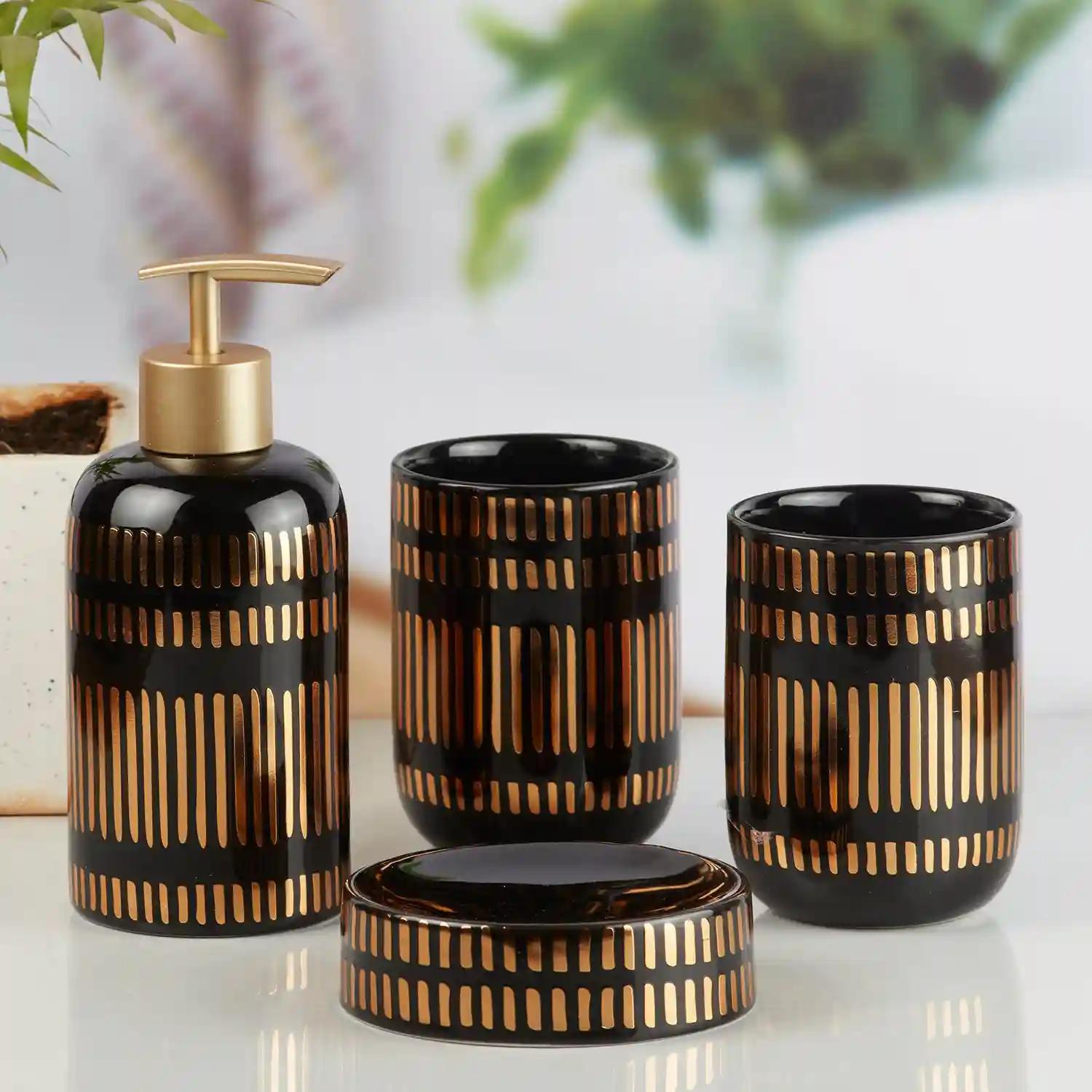 Kookee Ceramic Bathroom Accessories Set of 4, Modern Bath Set with Liquid handwash Soap Dispenser and Toothbrush holder, Luxury Gift Accessory for Home - Black (10071)