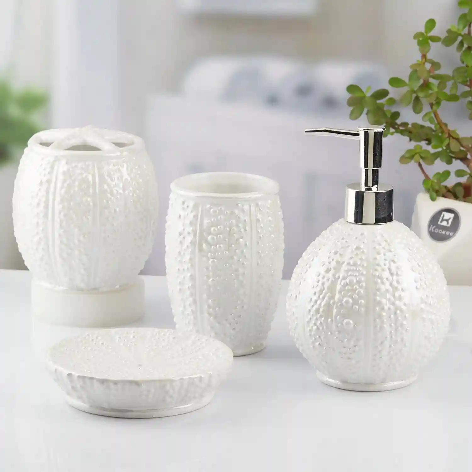 Kookee Ceramic Bathroom Accessories Set of 4, Modern Bath Set with Liquid hand wash Soap Dispenser and Toothbrush holder, Luxury Gift Accessory for Home, White (10478)