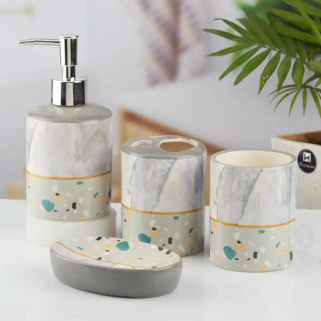 Kookee Ceramic Bathroom Accessories Set of 4, Modern Bath Set with Liquid hand wash Soap Dispenser and Toothbrush holder, Luxury Gift Accessory for Home, Multicolor (10472)