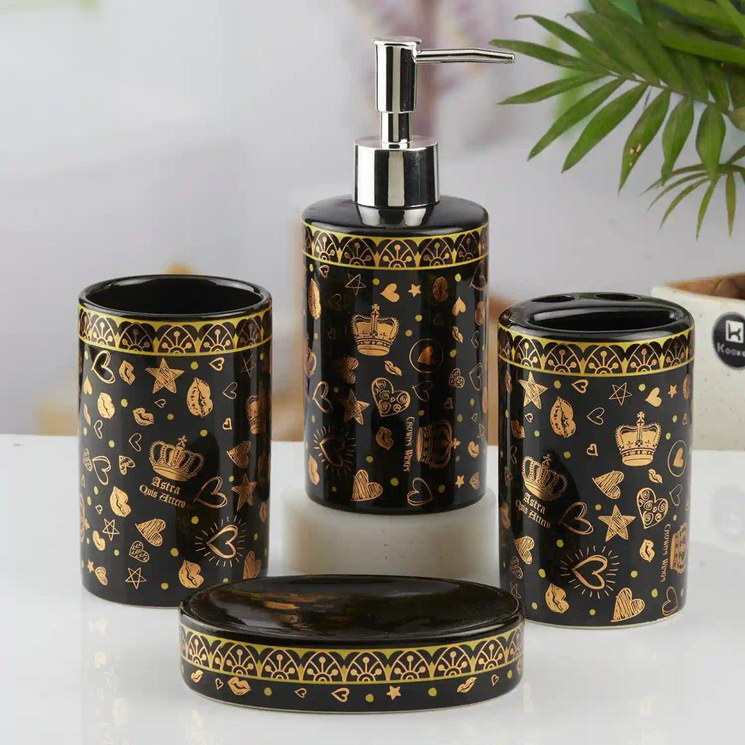 Kookee Ceramic Bathroom Accessories Set of 4, Modern Bath Set with Liquid hand wash Soap Dispenser and Toothbrush holder, Luxury Gift Accessory for Home, Black/Gold (10462)