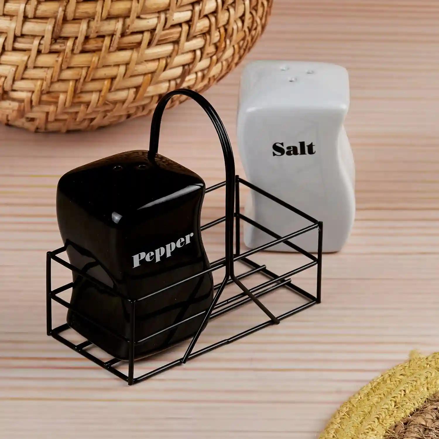 Kookee Ceramic Salt and Pepper Shakers Set with tray for Dining Table used as Namak Dhani, Shaker, Sprinkler, Spices Dispenser for Home, Kitchen and Restaurant, Black/White (10659)