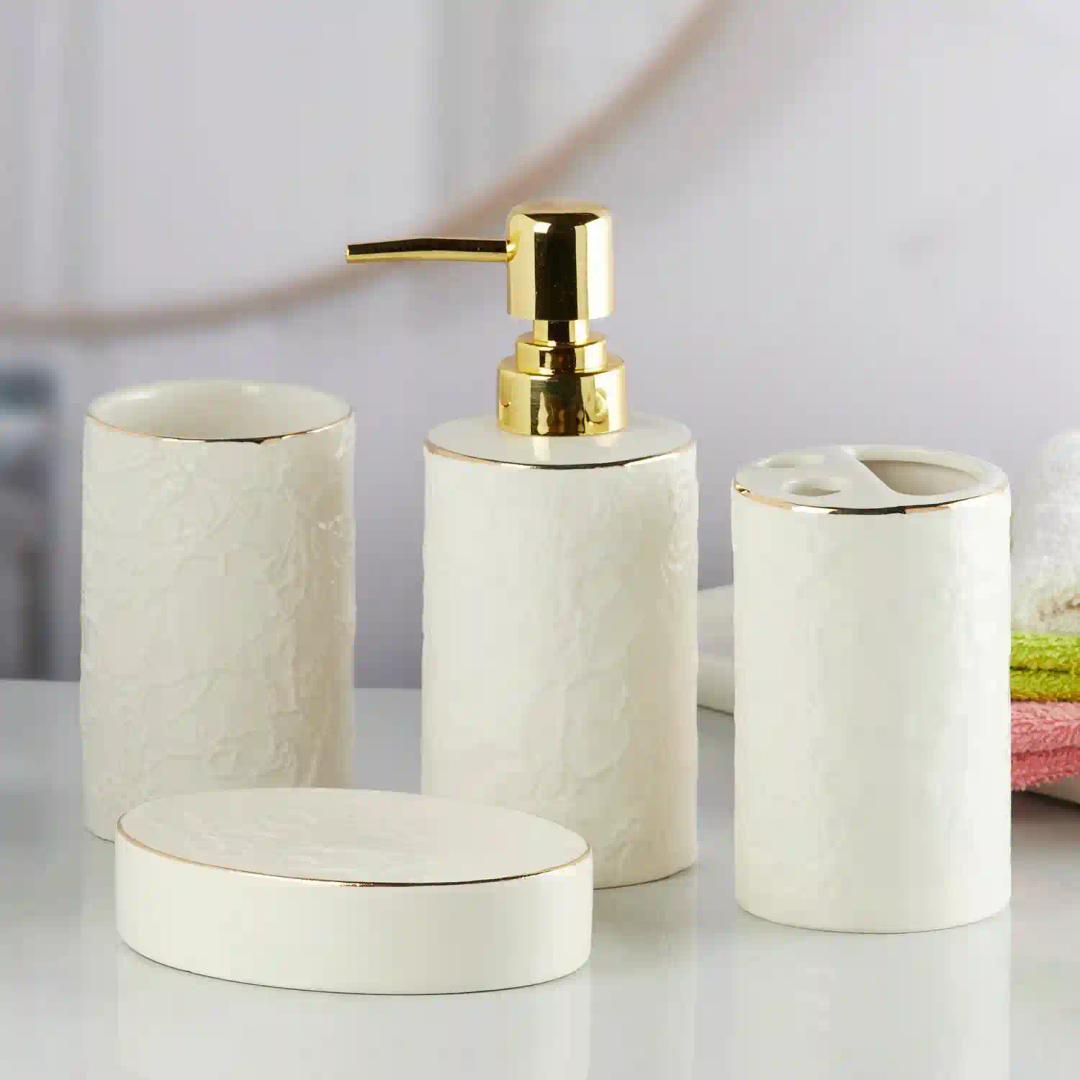 Kookee Ceramic Bathroom Accessories Set of 4, Modern Bath Set with Liquid handwash Soap Dispenser and Toothbrush holder, Luxury Gift Accessory for Home - White (10255)