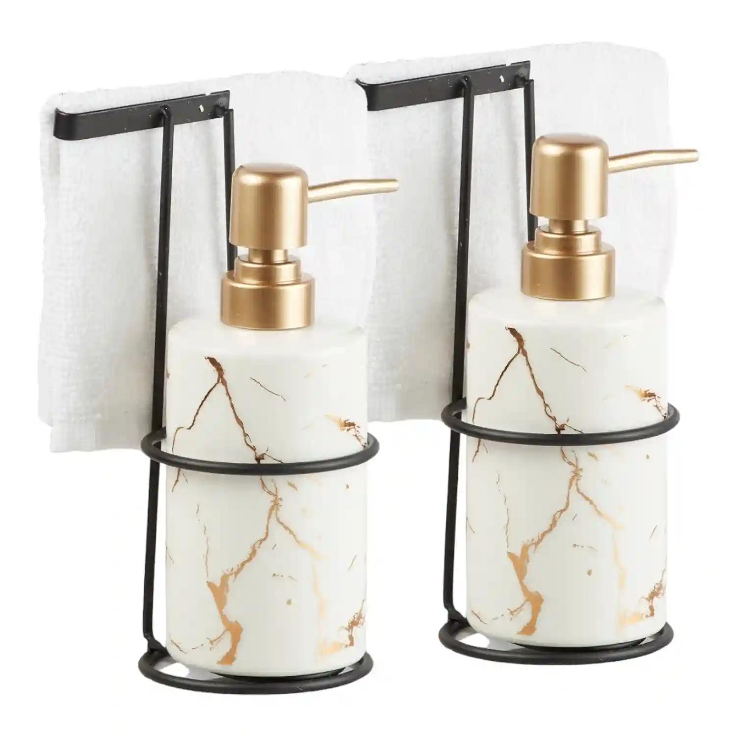 Kookee Ceramic Soap Dispenser for Bathroom hand wash, refillable pump bottle for Kitchen hand wash basin, Set of 2, White/Gold (11028)