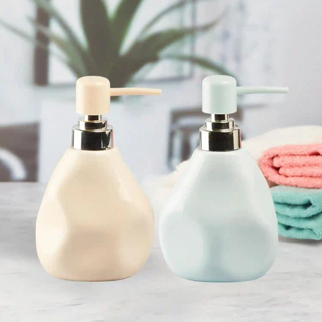 Kookee Ceramic Soap Dispenser for Bathroom hand wash, refillable pump bottle for Kitchen hand wash basin, Set of 2, Multicolor (11069)