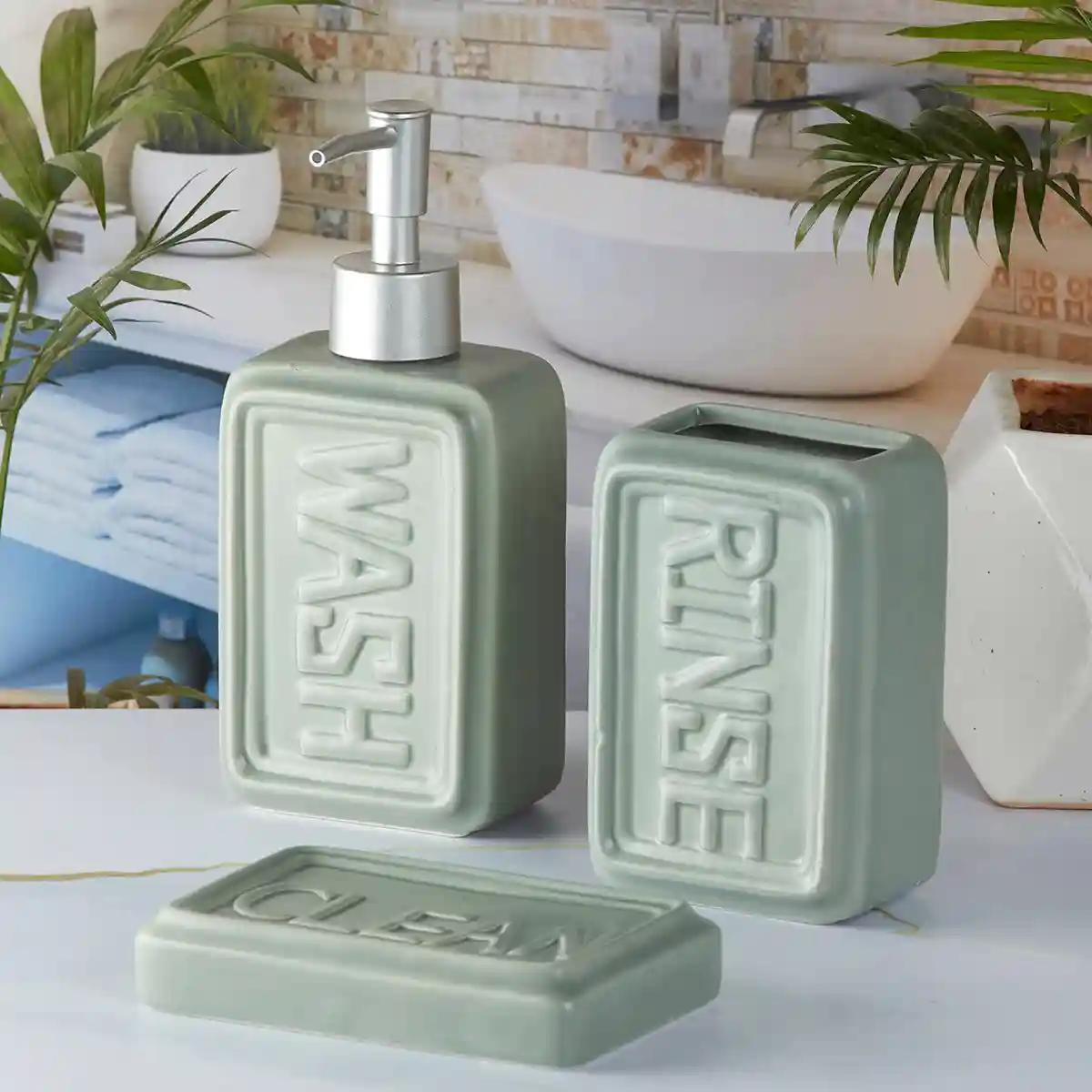 Kookee Ceramic Bathroom Accessories Set of 3, Modern Bath Set with Liquid handwash Soap Dispenser and Toothbrush holder, Luxury Gift Accessory for Home - Light Green (9890)