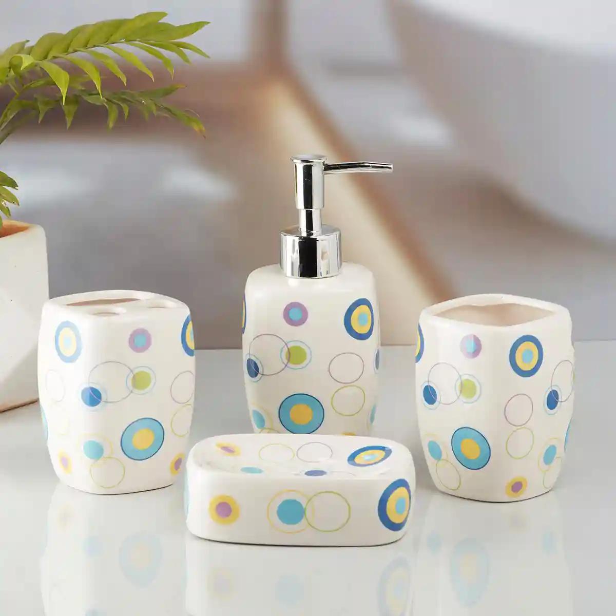 Kookee Ceramic Bathroom Accessories Set of 4, Modern Bath Set with Liquid handwash Soap Dispenser and Toothbrush holder, Luxury Gift Accessory for Home - Multicolor (10169)