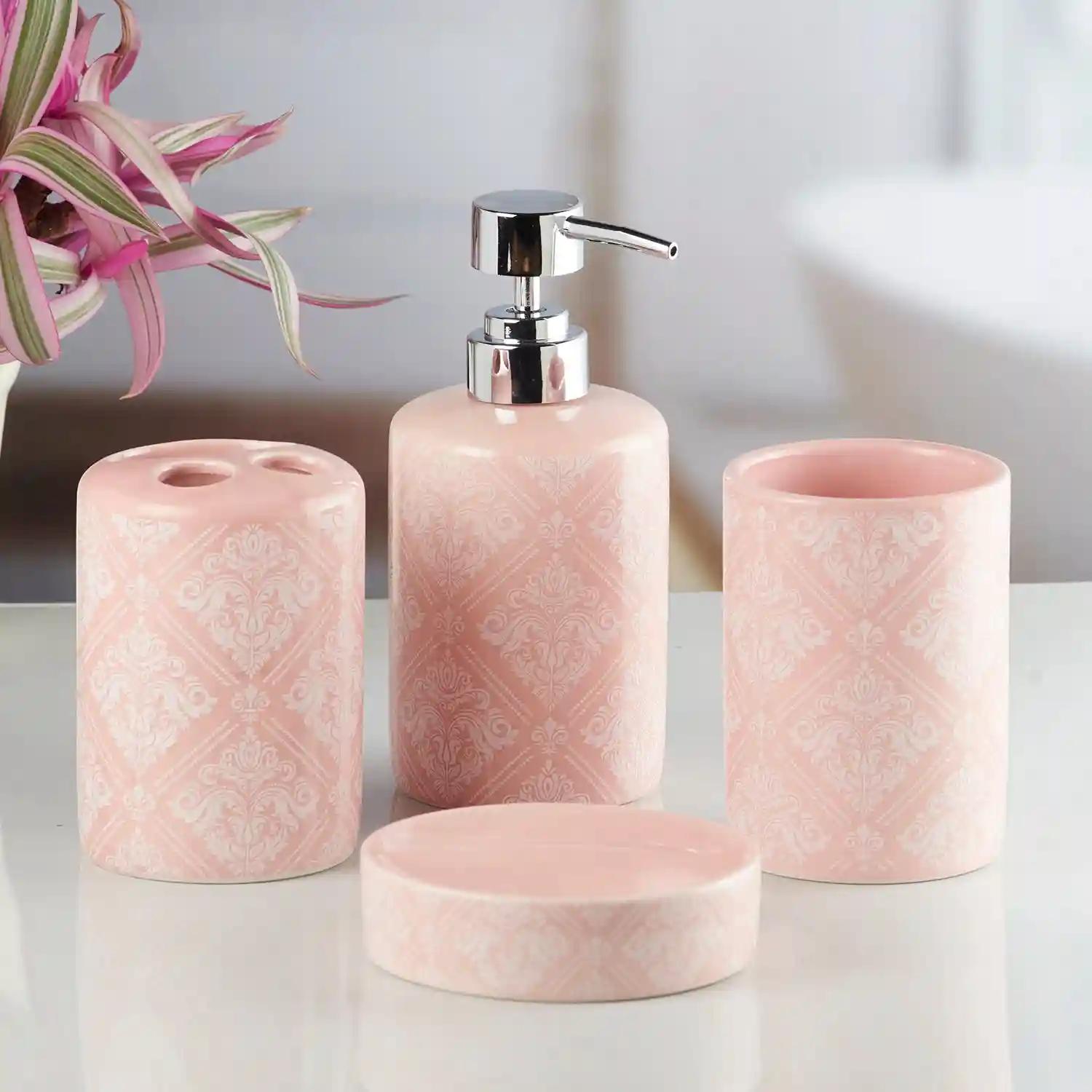 Kookee Ceramic Bathroom Accessories Set of 4, Modern Bath Set with Liquid handwash Soap Dispenser and Toothbrush holder, Luxury Gift Accessory for Home - Pink (8217)