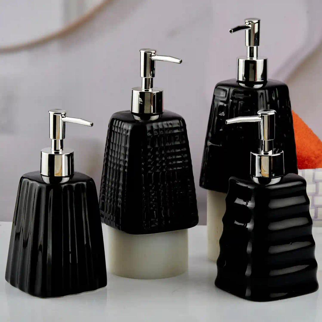 Kookee Ceramic Soap Dispenser for Bathroom hand wash, refillable pump bottle for Kitchen hand wash basin, Set of 1, Black (10599)