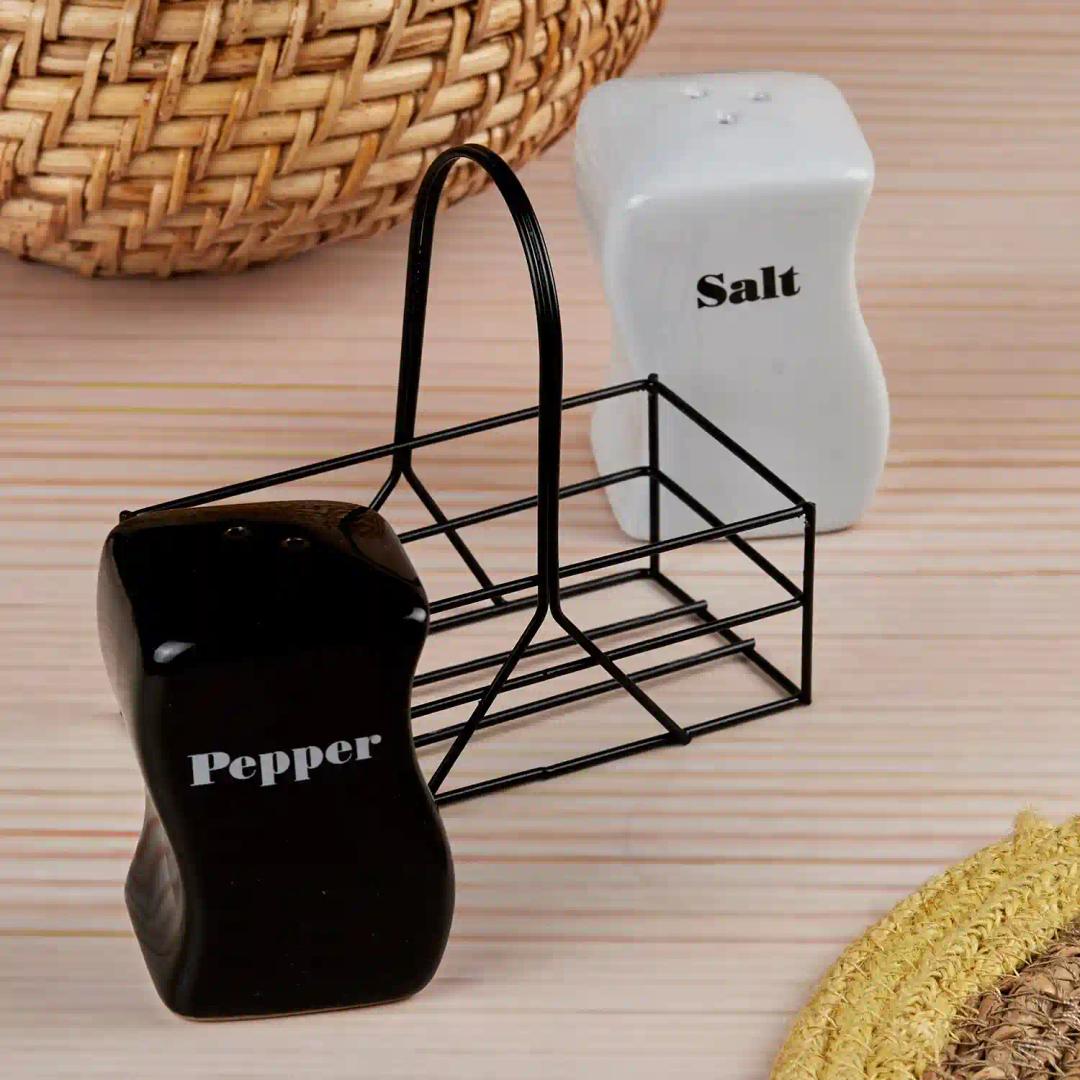 Kookee Ceramic Salt and Pepper Shakers Set with tray for Dining Table used as Namak Dhani, Shaker, Sprinkler, Spices Dispenser for Home, Kitchen and Restaurant, Black/White (10659)