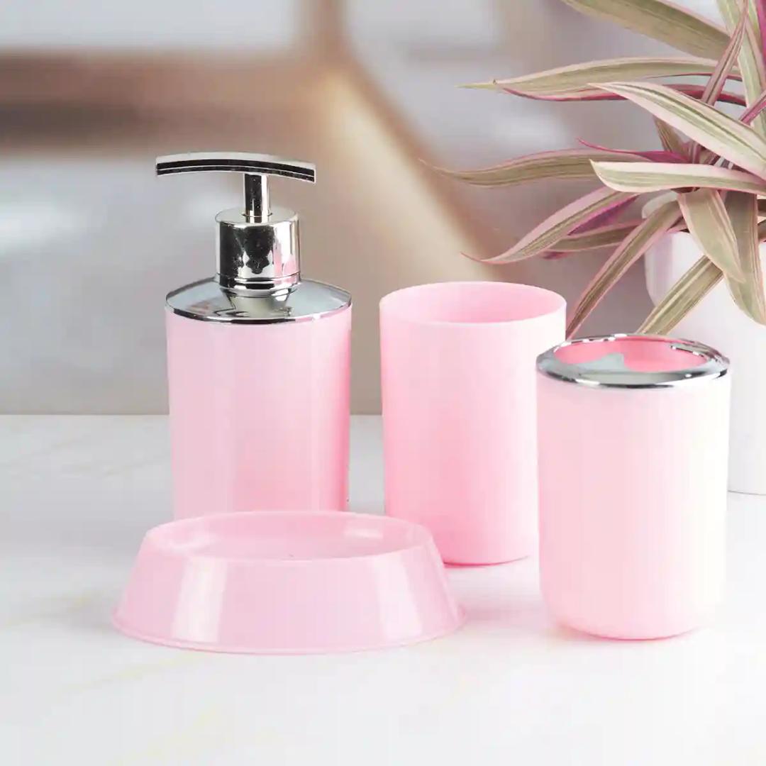 Kookee Acrylic Bathroom Accessories Set of 4, Modern Bath Set with Liquid handwash Soap Dispenser and Toothbrush holder, Luxury Gift Accessory for Home - Light Pink (7395)