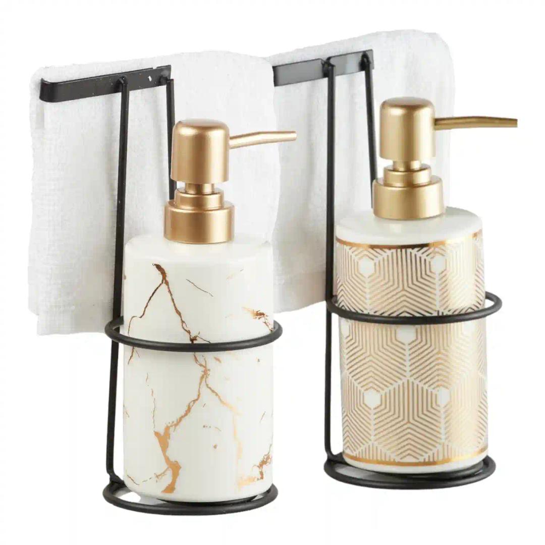 Kookee Ceramic Soap Dispenser for Bathroom hand wash, refillable pump bottle for Kitchen hand wash basin, Set of 2, White/Gold (11033)