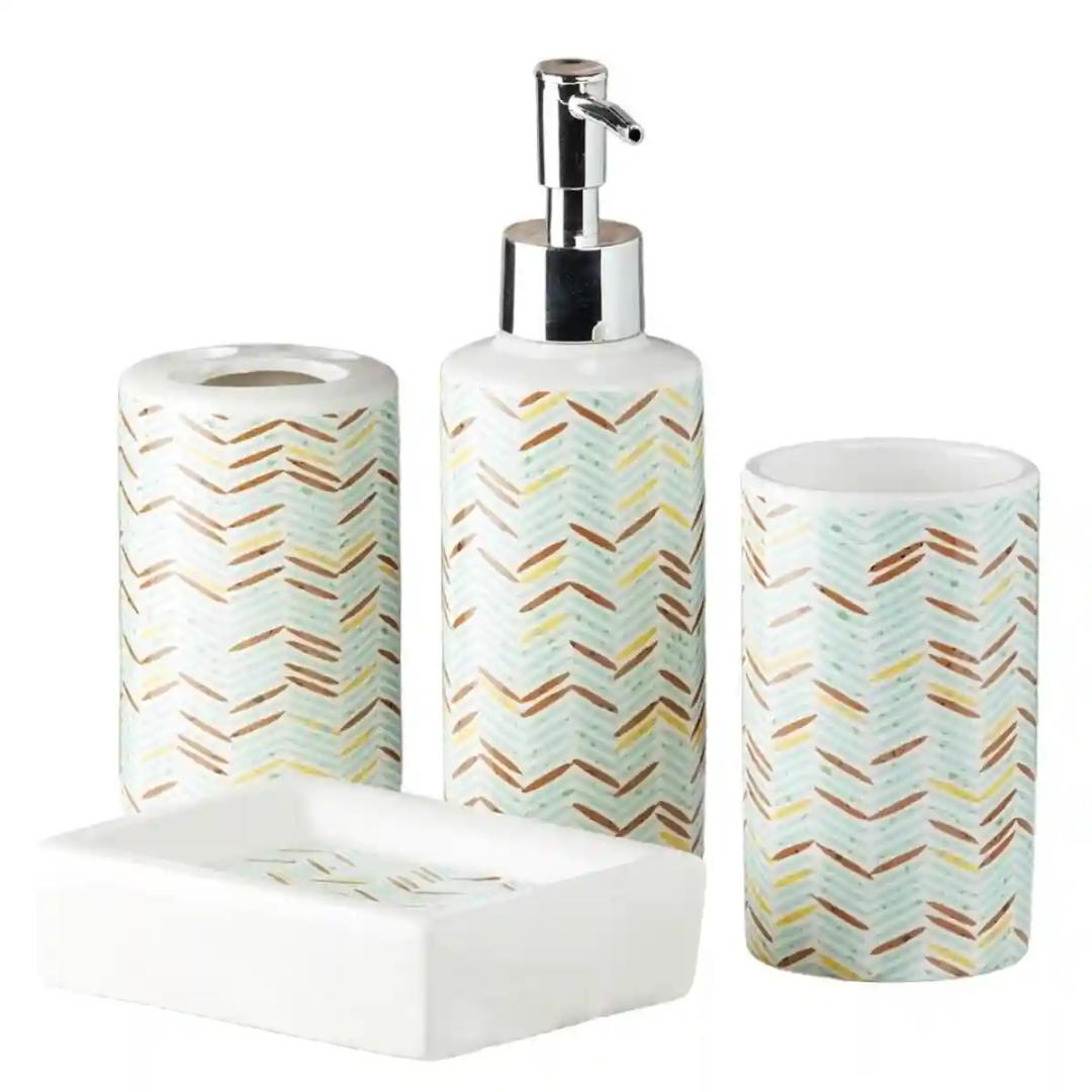 Kookee Ceramic Bathroom Accessories Set of 4, Modern Bath Set with Liquid handwash Soap Dispenser and Toothbrush holder, Luxury Gift Accessory for Home - Multicolor (10056)