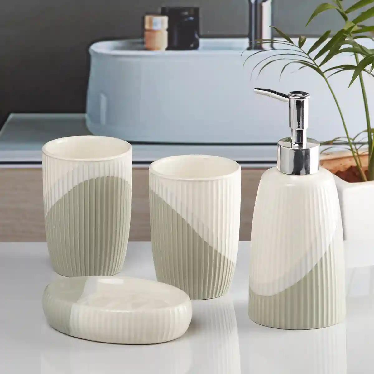 Kookee Ceramic Bathroom Accessories Set of 4, Modern Bath Set with Liquid handwash Soap Dispenser and Toothbrush holder, Luxury Gift Accessory for Home - Multicolor (10053)