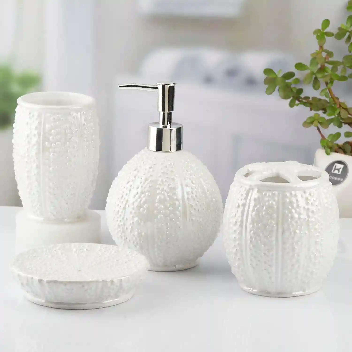 Kookee Ceramic Bathroom Accessories Set of 4, Modern Bath Set with Liquid hand wash Soap Dispenser and Toothbrush holder, Luxury Gift Accessory for Home, White (10478)