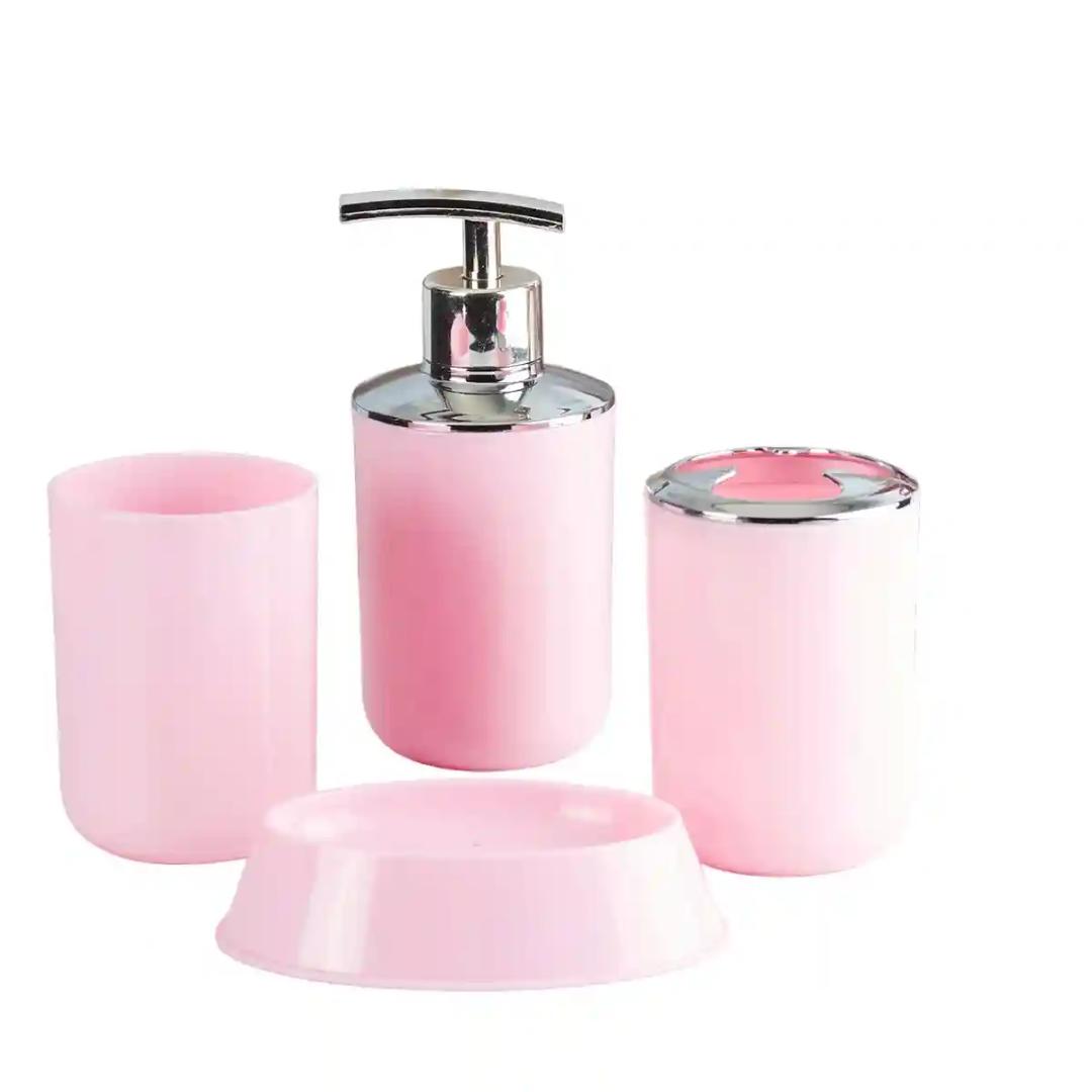 Kookee Acrylic Bathroom Accessories Set of 4, Modern Bath Set with Liquid handwash Soap Dispenser and Toothbrush holder, Luxury Gift Accessory for Home - Light Pink (7395)