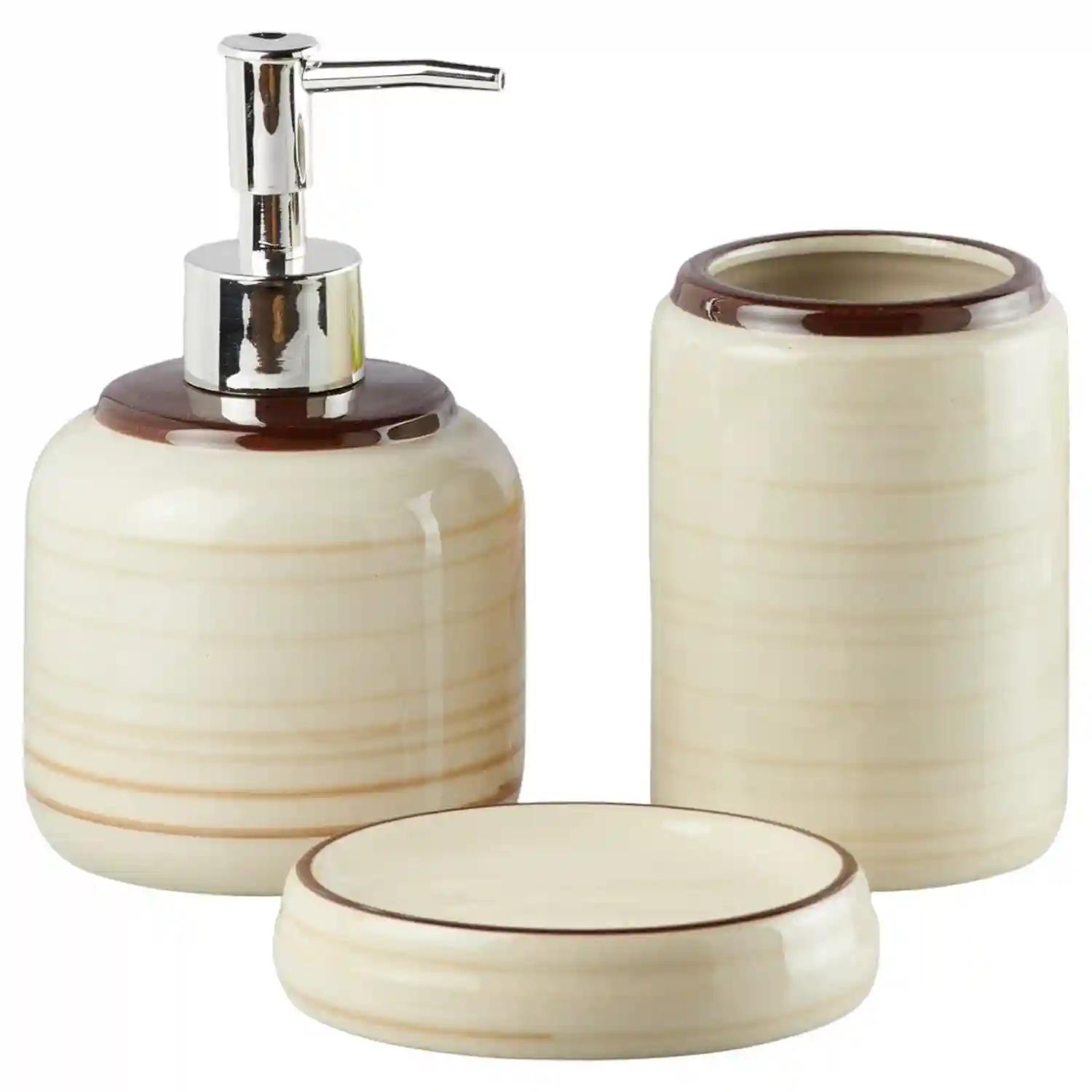 Kookee Ceramic Bathroom Accessories Set of 3, Modern Bath Set with Liquid handwash Soap Dispenser and Toothbrush holder, Luxury Gift Accessory for Home - Beige (10263)