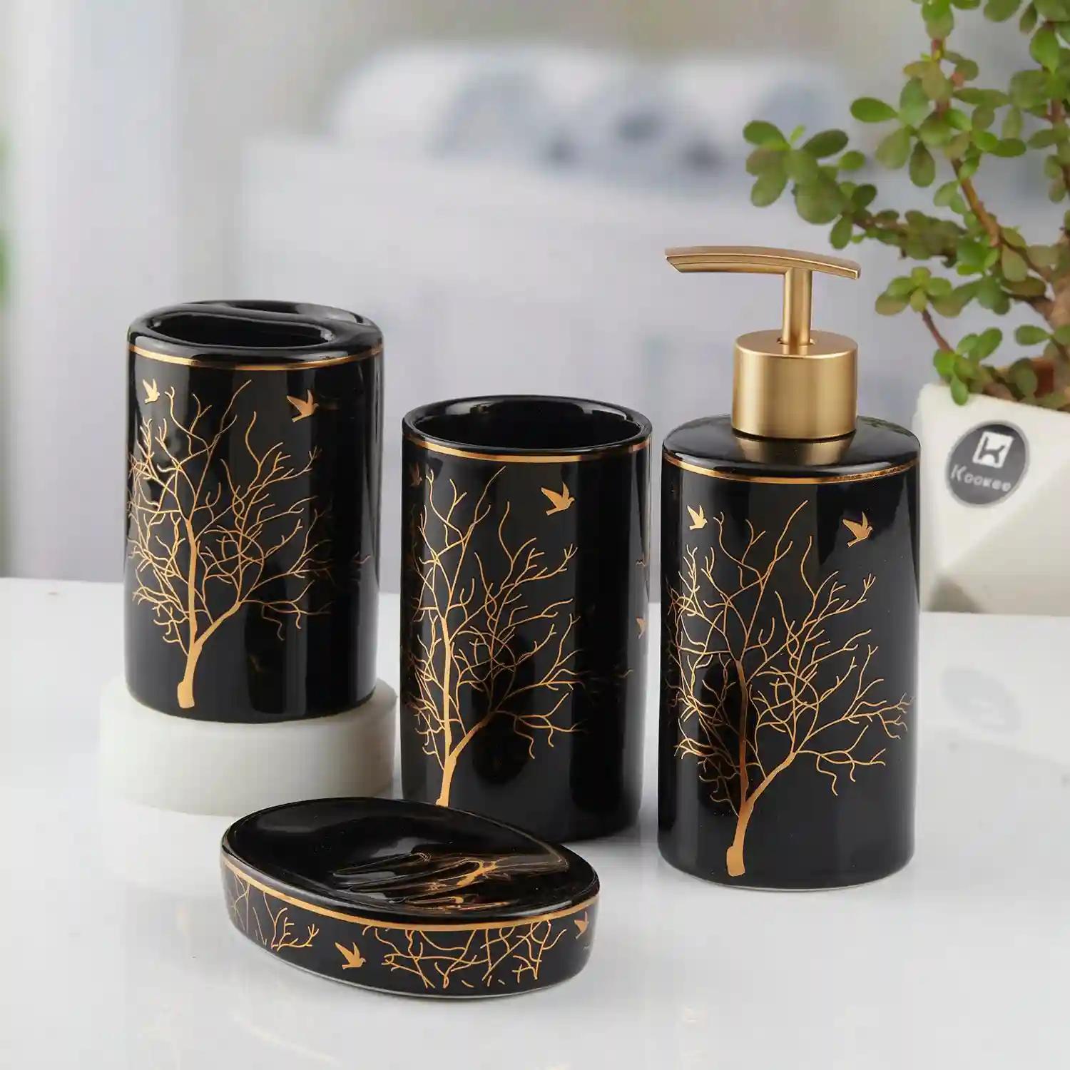 Kookee Ceramic Bathroom Accessories Set of 4, Modern Bath Set with Liquid hand wash Soap Dispenser and Toothbrush holder, Luxury Gift Accessory for Home, Black/Gold (10473)