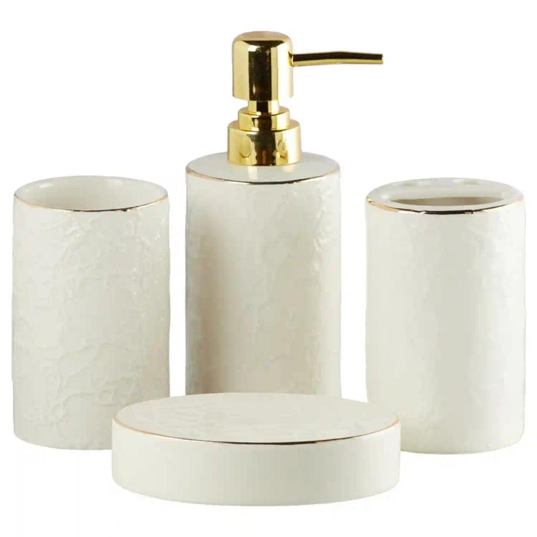 Kookee Ceramic Bathroom Accessories Set of 4, Modern Bath Set with Liquid handwash Soap Dispenser and Toothbrush holder, Luxury Gift Accessory for Home - White (10255)