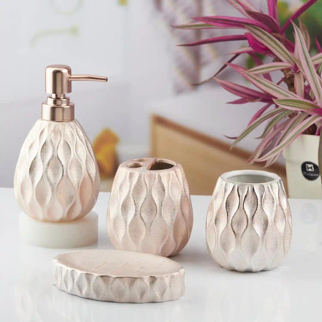 Kookee Ceramic Bathroom Accessories Set of 4, Modern Bath Set with Liquid hand wash Soap Dispenser and Toothbrush holder, Luxury Gift Accessory for Home, Gold (10439)