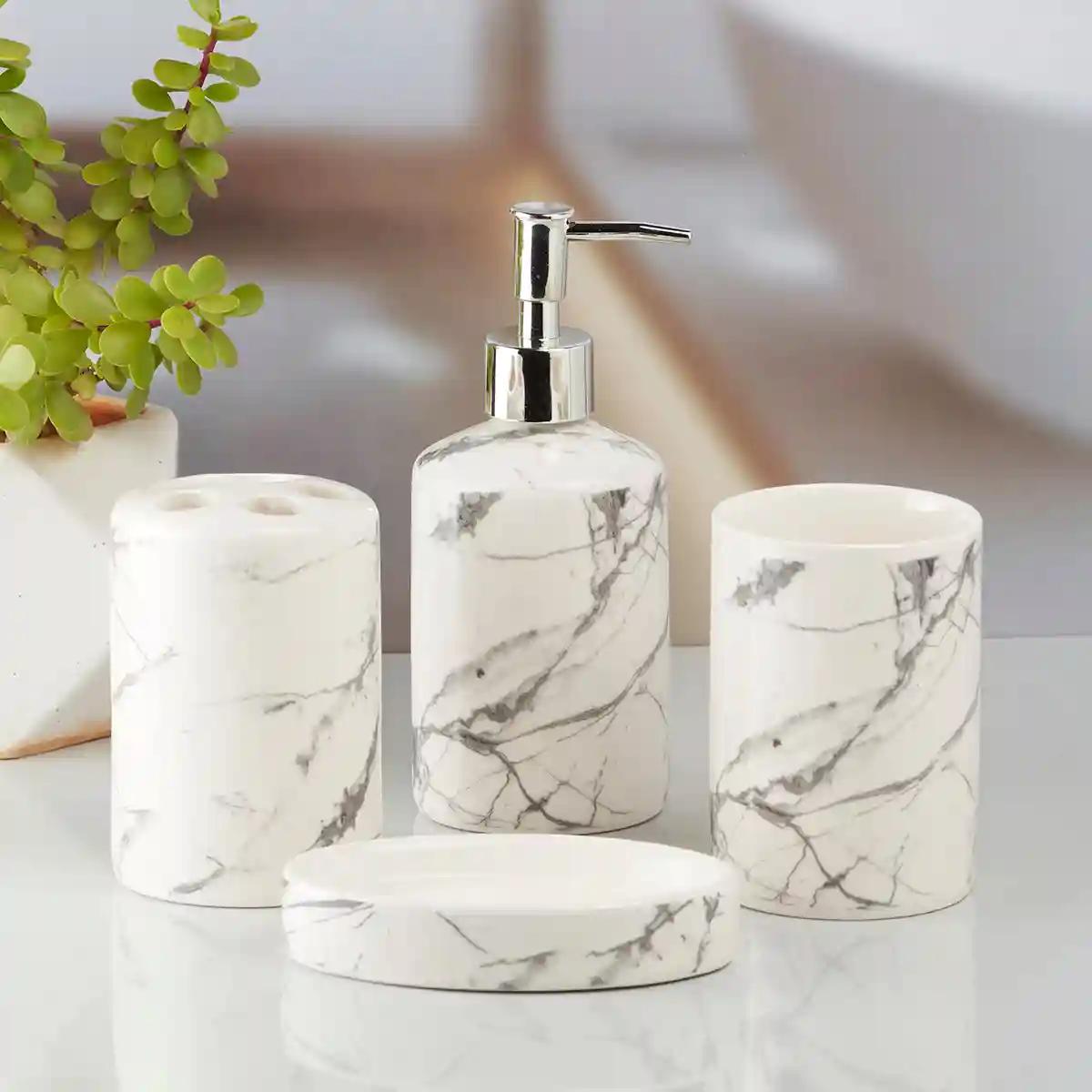 Kookee Ceramic Bathroom Accessories Set of 4, Modern Bath Set with Liquid handwash Soap Dispenser and Toothbrush holder, Luxury Gift Accessory for Home - White (8074)