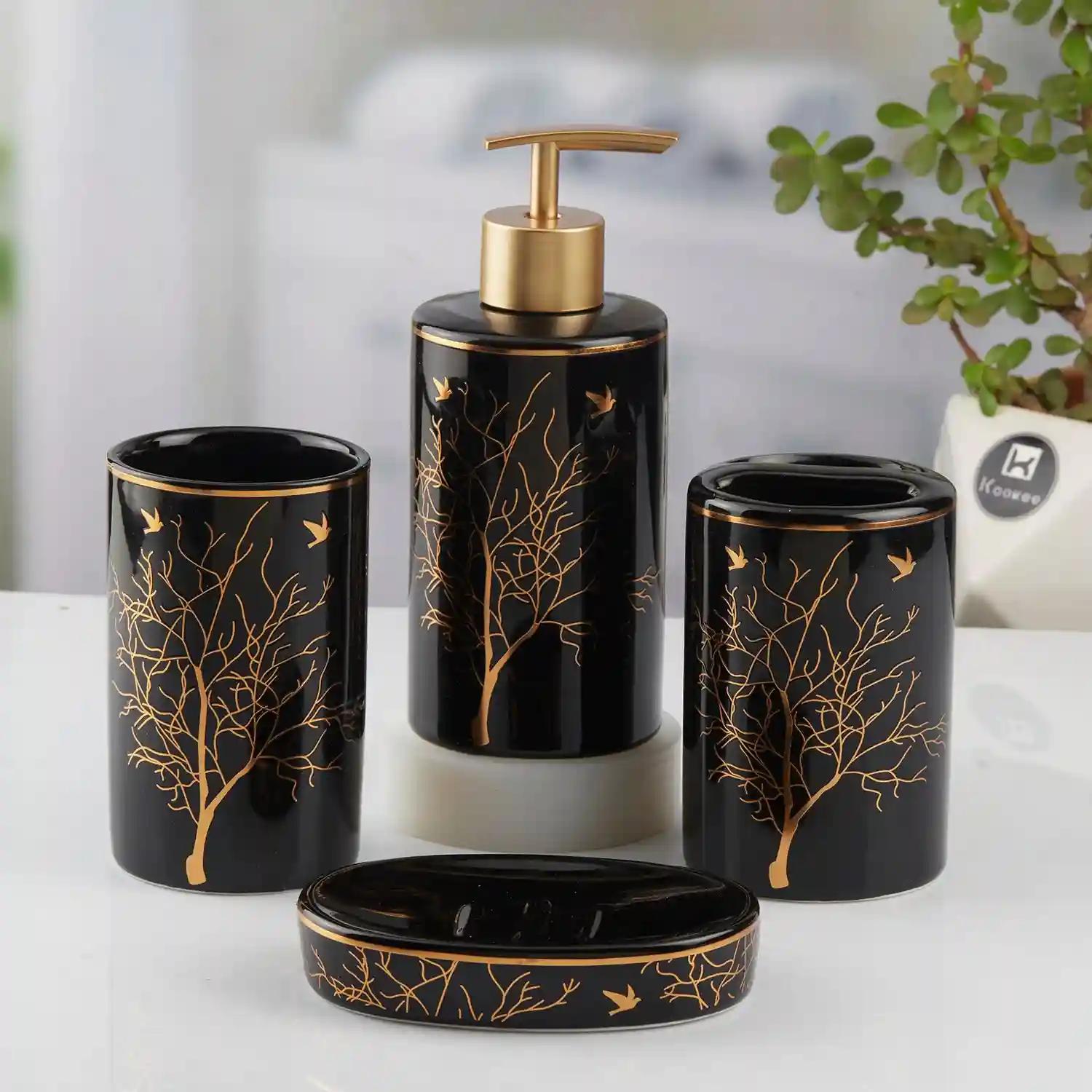 Kookee Ceramic Bathroom Accessories Set of 4, Modern Bath Set with Liquid hand wash Soap Dispenser and Toothbrush holder, Luxury Gift Accessory for Home, Black/Gold (10473)