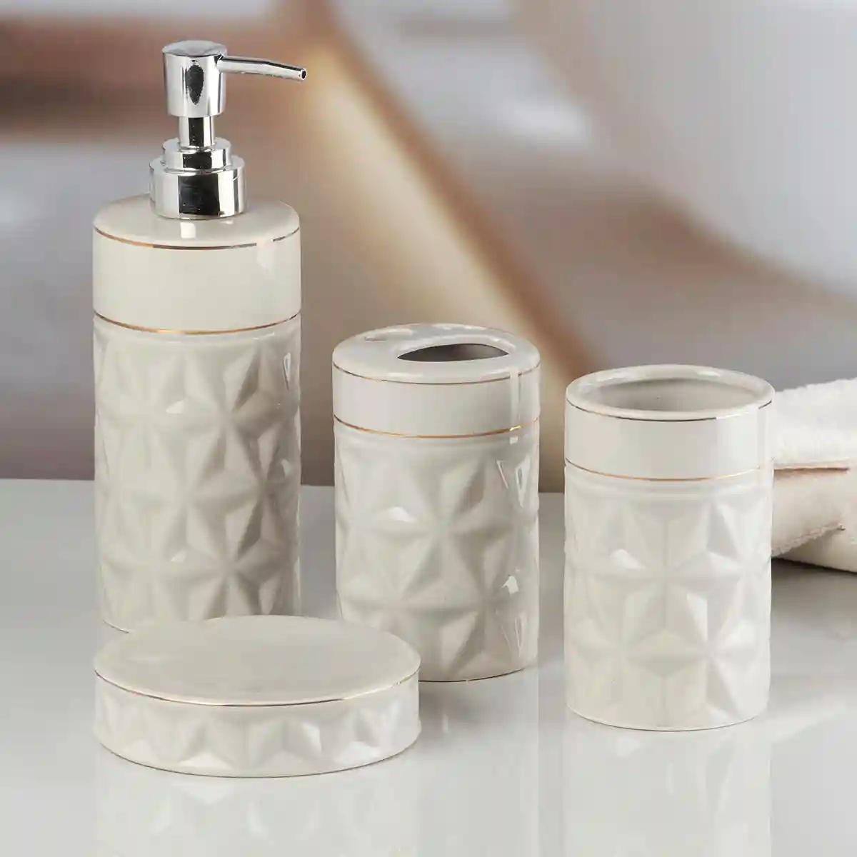 Kookee Ceramic Bathroom Accessories Set of 4, Modern Bath Set with Liquid handwash Soap Dispenser and Toothbrush holder, Luxury Gift Accessory for Home - Off White (10055)