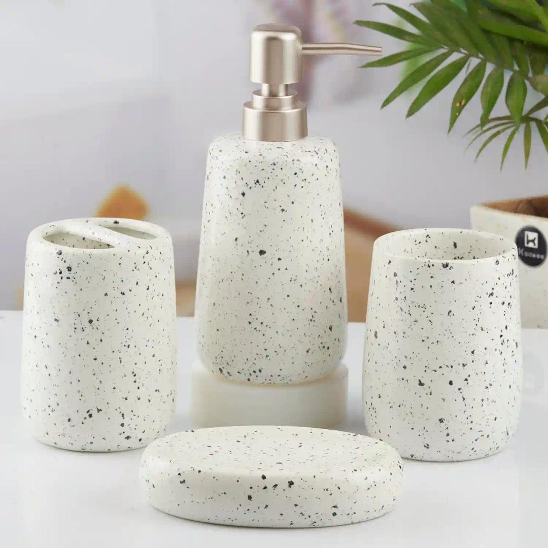 Kookee Ceramic Bathroom Accessories Set of 4, Modern Bath Set with Liquid hand wash Soap Dispenser and Toothbrush holder, Luxury Gift Accessory for Home, White (10383)