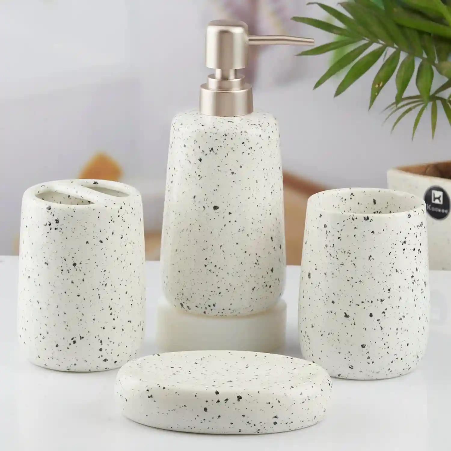 Kookee Ceramic Bathroom Accessories Set of 4, Modern Bath Set with Liquid hand wash Soap Dispenser and Toothbrush holder, Luxury Gift Accessory for Home, White (10383)